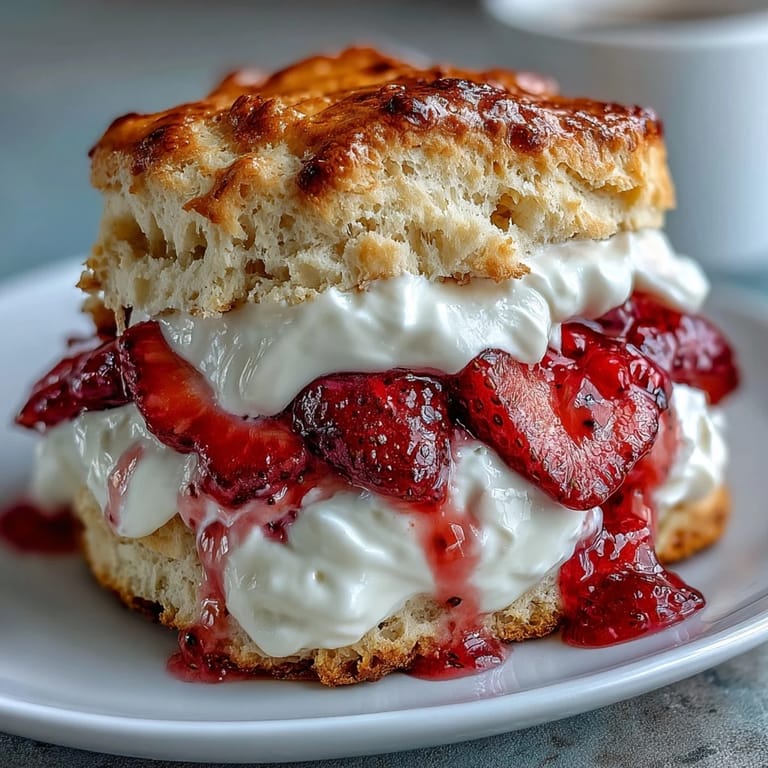Golden-baked strawberry scones split and filled with luscious vanilla yogurt and macerated strawberries.  