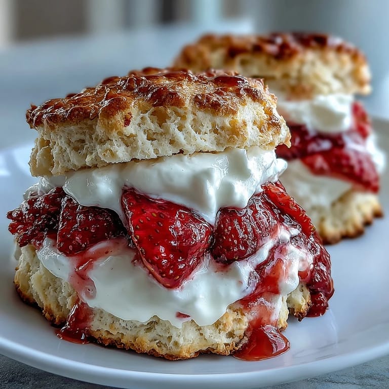 Buttery strawberry scones stacked with tangy vanilla yogurt and fresh berries in a modern shortcake twist.