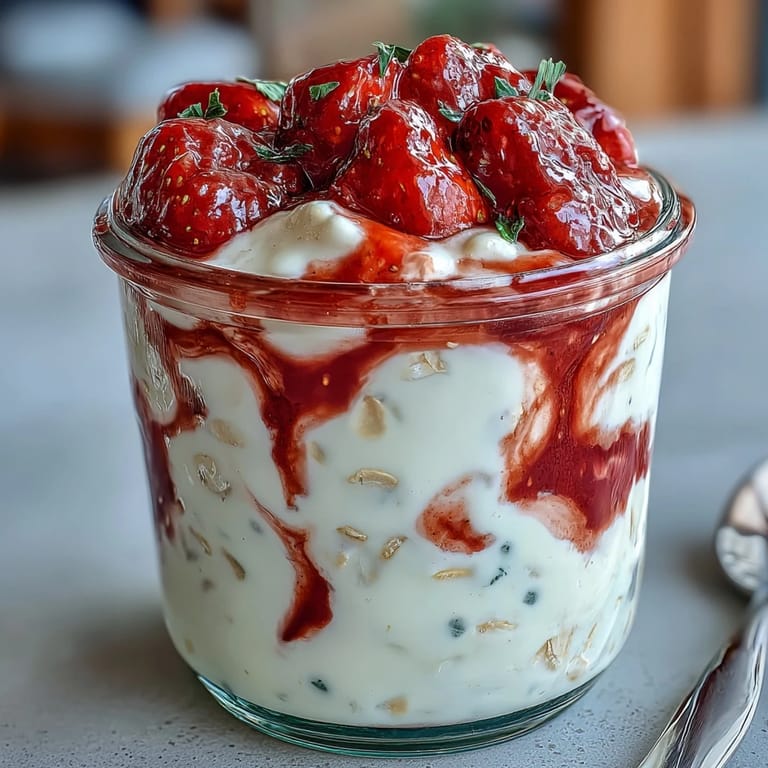 Creamy, airy overnight oats layered with a bright strawberry swirl and garnished with sliced strawberries for a nutritious breakfast treat.