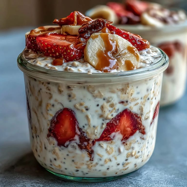 Creamy strawberry banana overnight oats layered with chia seeds, fresh fruit, and Greek yogurt, ready for a nutritious morning meal.