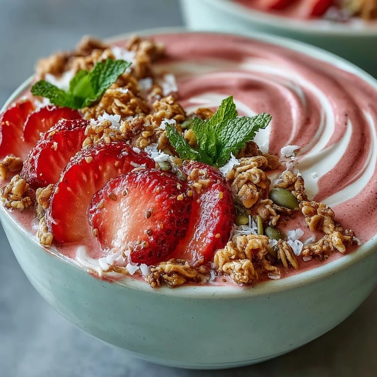 Creamy matcha and strawberry smoothie base blended with Greek yogurt, garnished with chia seeds, pumpkin seeds, and fresh mint leaves.