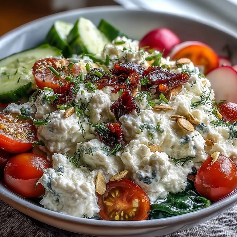 Protein-packed cottage cheese breakfast bowl featuring colorful vegetables, spinach, and radish, finished with chives and a sprinkle of paprika.