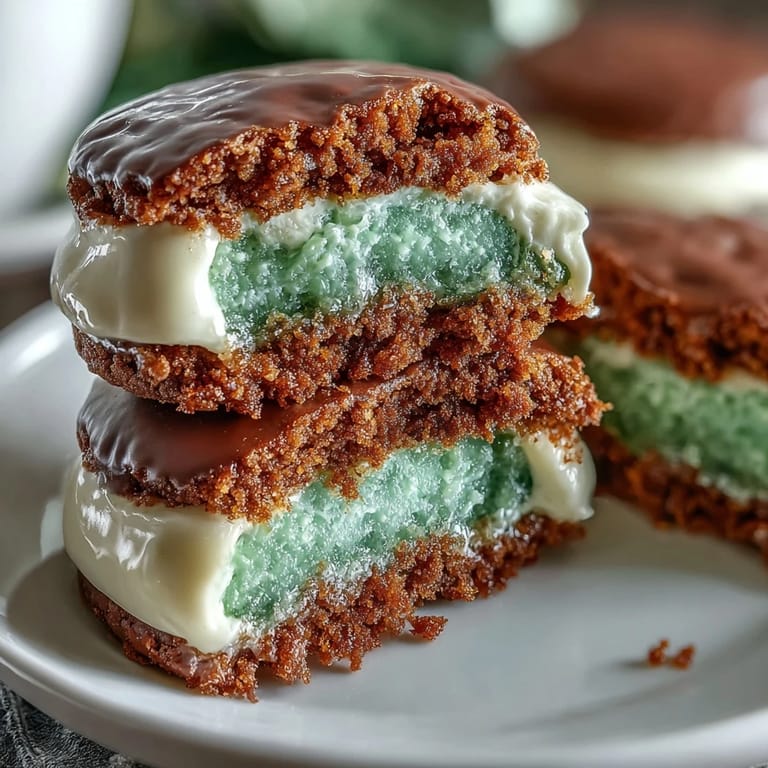 Soft, chewy green sugar cookies filled with smooth vanilla frosting, rolled in shimmering sugar for a festive St. Patrick's Day treat.