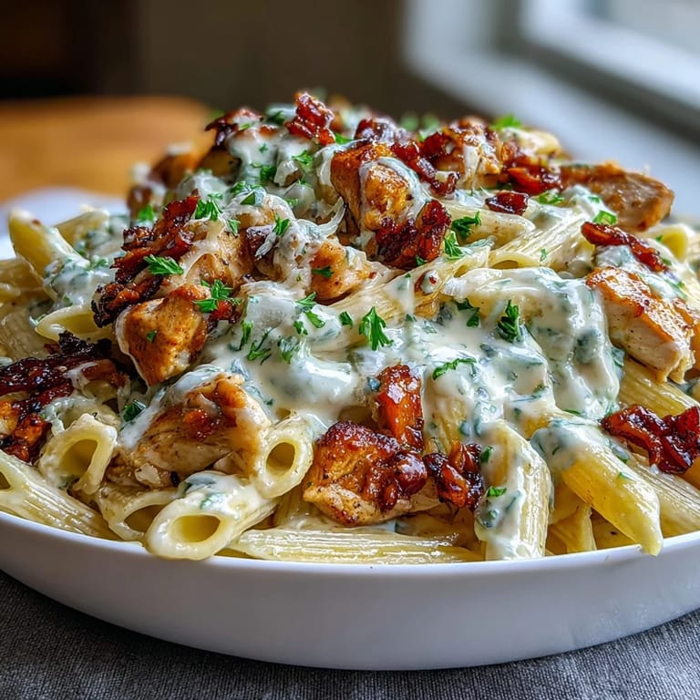 A bowl of Creamy Crockpot Mississippi Chicken Pasta topped with Parmesan and fresh parsley, served hot with perfectly cooked penne.
