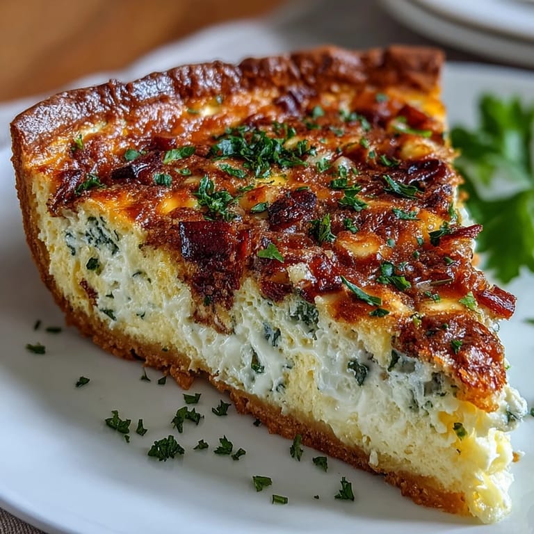 Golden-baked Spring Brunch Quiche with Leeks and Gruyere, featuring a rich custard filling and delicate fresh herb accents.