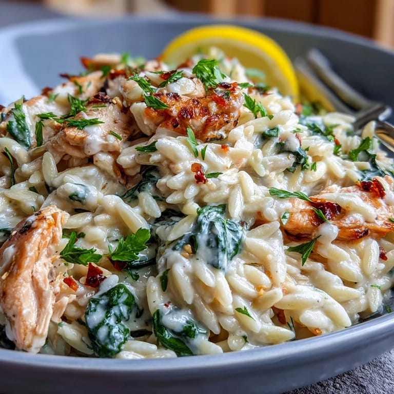 Creamy lemon orzo pasta dish with golden chicken and vibrant spinach, served in a comforting one-pan dinner.