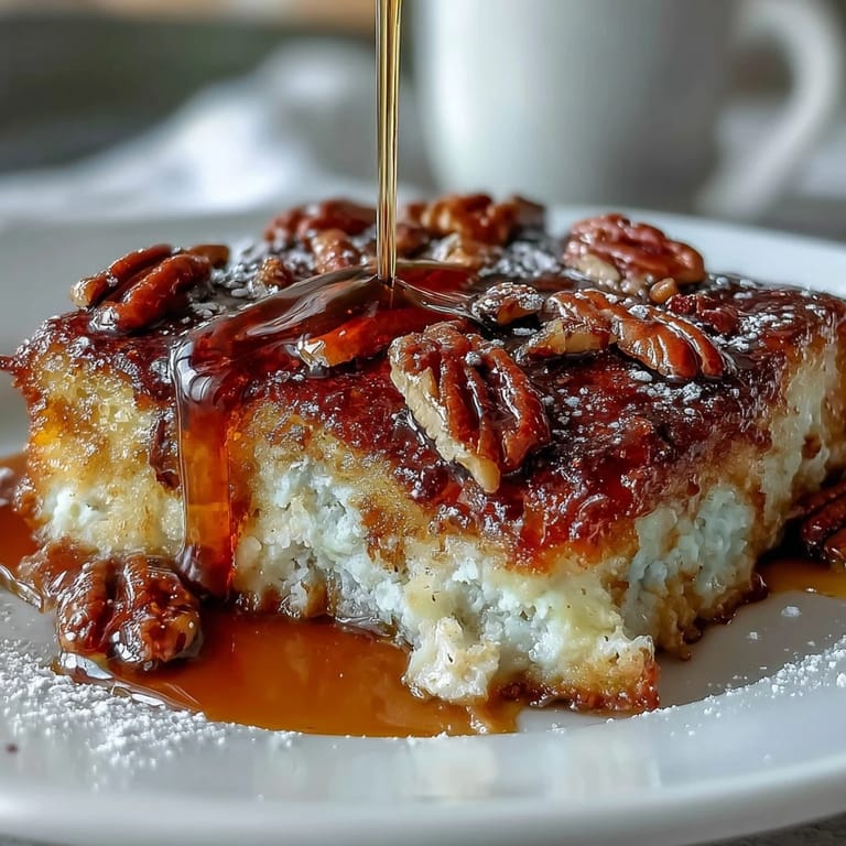 Easy pancake casserole with maple syrup drizzle, topped with crunchy pecans for a sweet, nutty flavor.