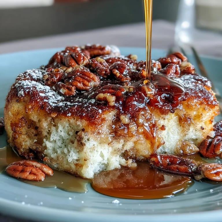 A warm, baked pancake casserole drizzled in maple syrup, perfect for family brunches or weekend mornings.