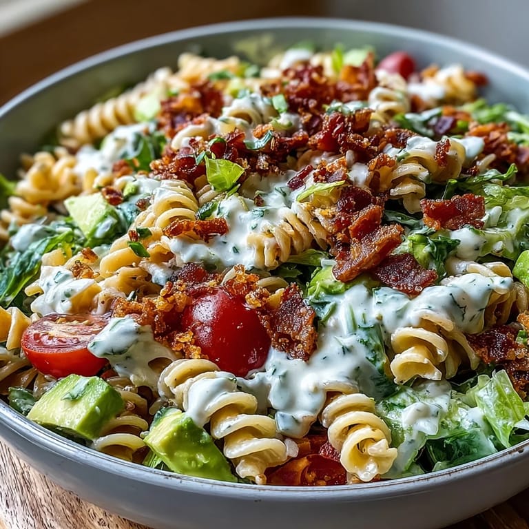 Creamy BLT pasta salad with crispy bacon, ripe avocado, and juicy tomatoes, a crowd-pleasing side dish.  
