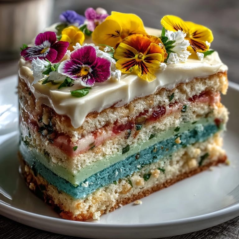 Delicate multi-layer cake with soft pastel gradient and fresh edible flowers on top.  