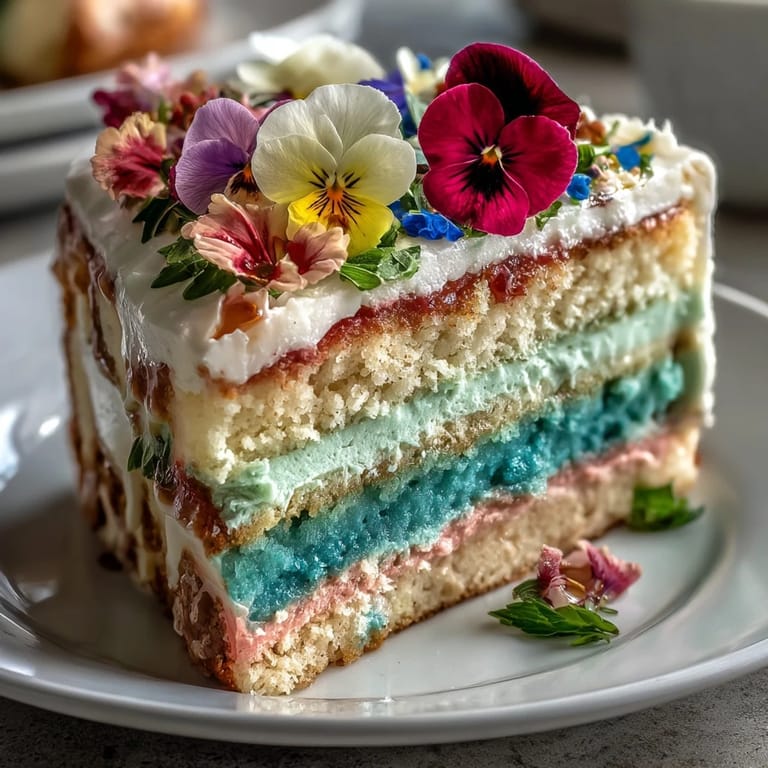 Vibrant spring-inspired ombre cake featuring edible blossoms, ideal for festive dessert tables.