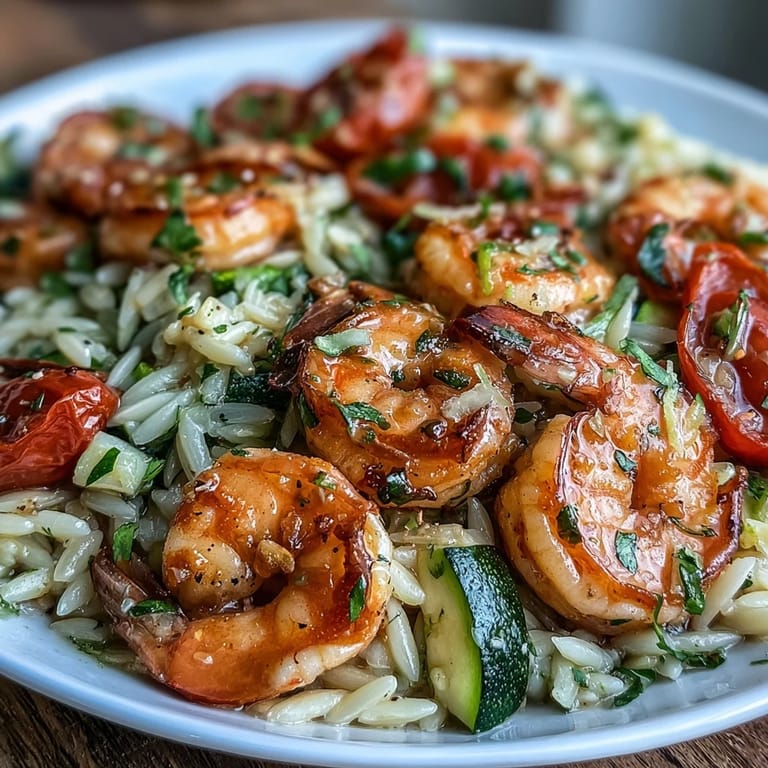 Creamy one-pan lemon butter shrimp and orzo, featuring tender pasta, zesty lemon, and sautéed vegetables in a rich, buttery sauce.