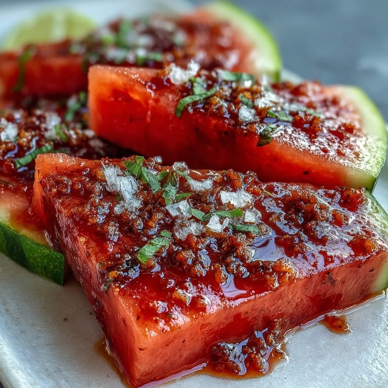 Zesty Tajin-seasoned watermelon slices paired with lime create a bold, refreshing appetizer that's vegan, gluten-free, and picnic-ready.