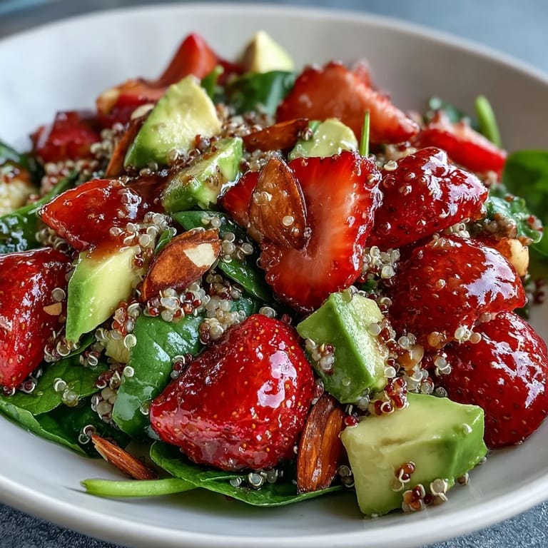 Refreshing quinoa salad with ripe strawberries, diced avocado, toasted almonds, and zesty citrus vinaigrette, perfect for a light lunch.