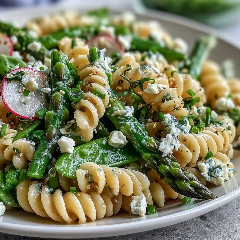 Zesty lemon vinaigrette pasta salad with radishes, asparagus, and herbs—an easy, refreshing vegetarian dish.