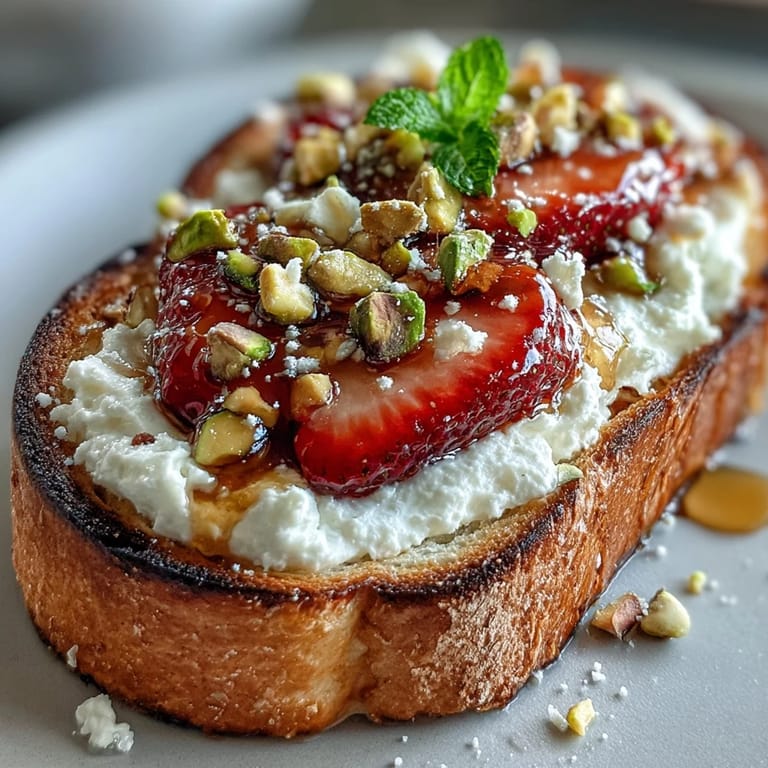 A delightful strawberry ricotta toast drizzled with honey and topped with chopped pistachios for a sweet, nutty crunch.