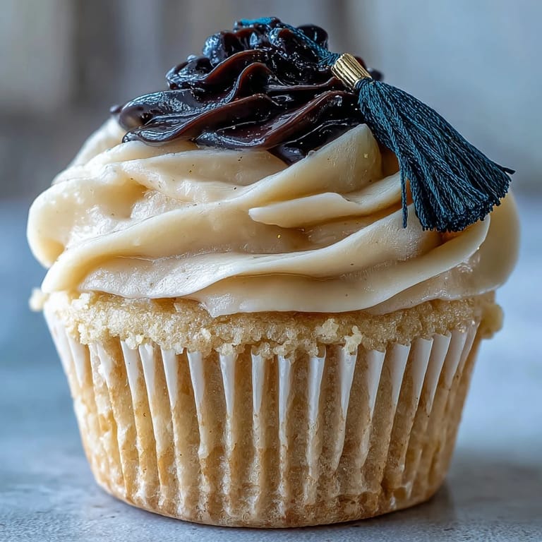 Golden buttercream swirls adorn these celebratory vanilla cupcakes, each crowned with a handcrafted black and gold fondant graduation cap.  