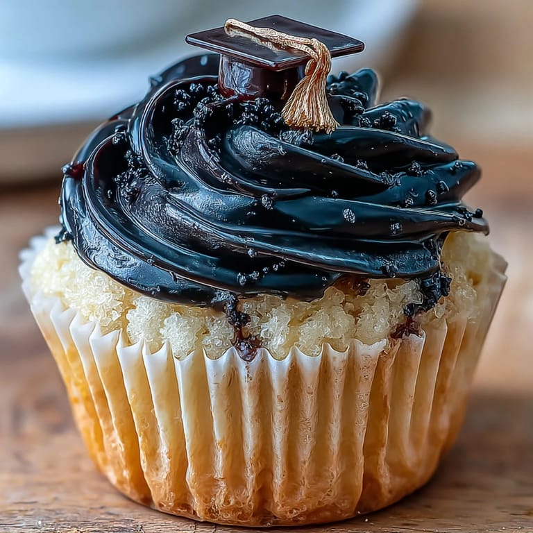 Delicious vanilla cupcakes with rich buttercream frosting, finished with edible black and gold fondant caps for a perfect graduation treat.