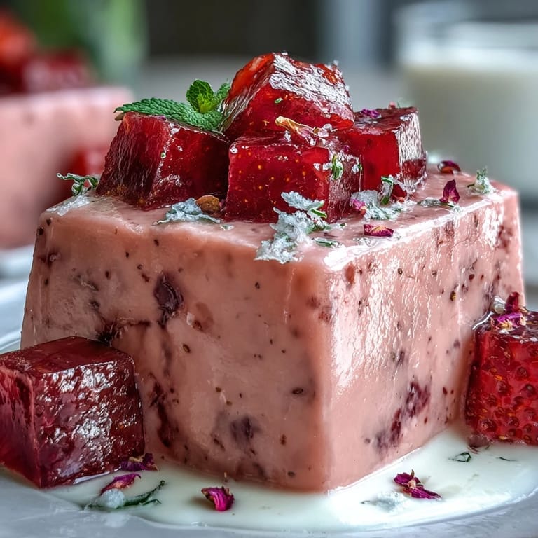 Festive, fragrant gelatin mosaic cake with pink and red cubes in a smooth cream, ideal for special occasions or parties.