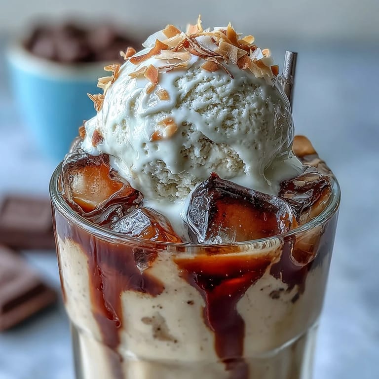 Two creamy vanilla bean ice cream scoops melting into chilled coconut cold brew coffee, garnished with dark chocolate shavings.