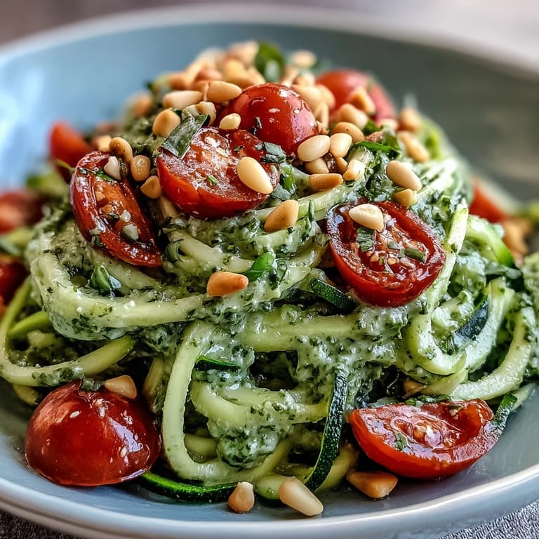 Taste the fresh Zucchini Noodles with Avocado Pesto, glistening with herb-infused goodness.
