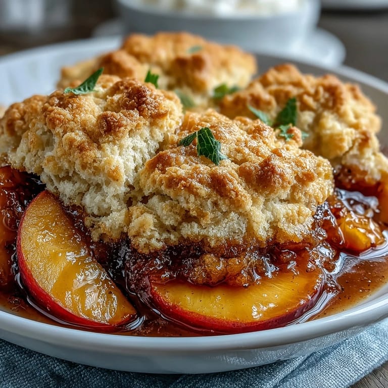 Delicious homemade peach cobbler, bubbling and ready to serve.