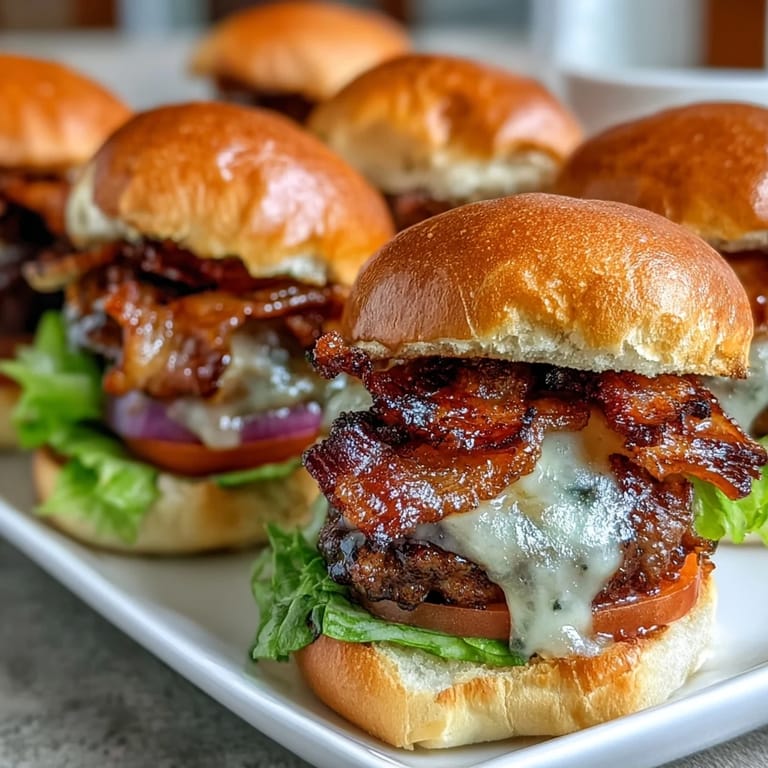 Golden-brown slider buns encasing savory grilled bacon burger patty, perfect anytime.