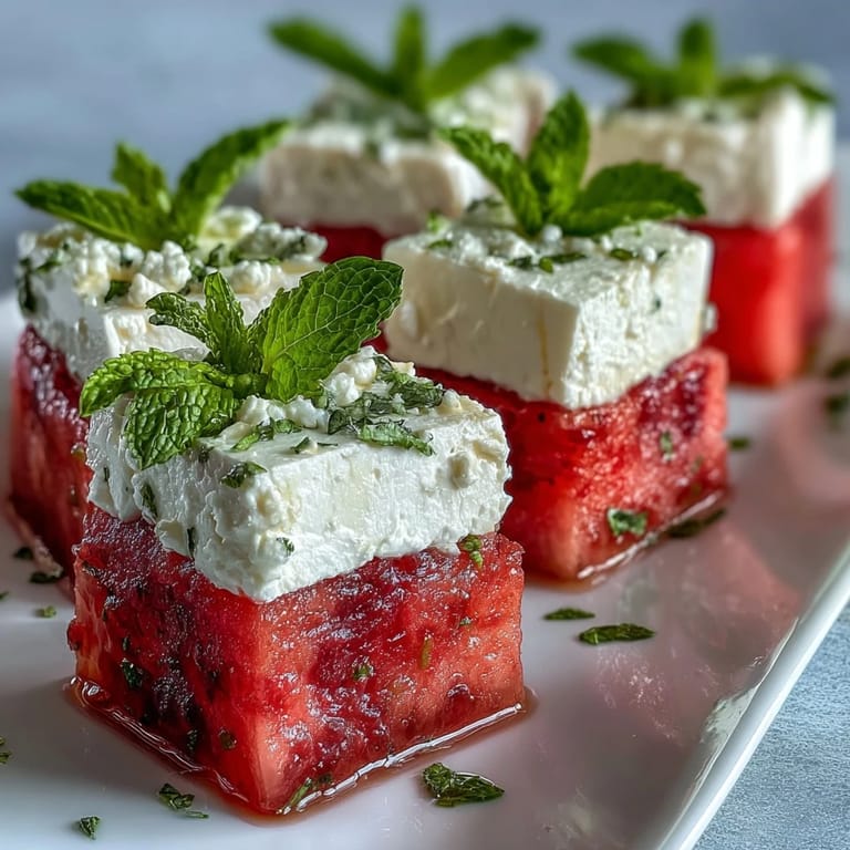 Savory and sweet watermelon feta bites on toothpicks with fresh mint garnish.