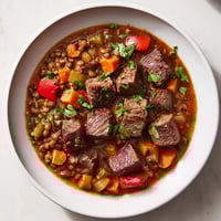 Steaming one-pot Spicy Beef and Lentil Soup, a comforting meal with tender beef and vegetables, ready to serve.