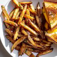 Golden, crispy beef tallow french fries beside a melted cheddar grilled cheese sandwich, a perfect pairing.