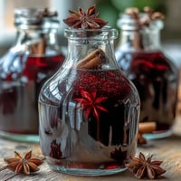 Homemade Spiced Blackcurrant Vodka Liqueur rests in a glass jar, its deep purple hue infused with cinnamon sticks, cloves, and lemon zest for winter warmth.