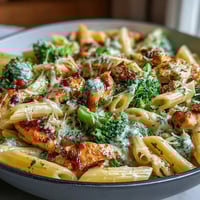 Sizzling golden chicken and bright green broccoli florets in a creamy garlic Parmesan sauce for Garlic Parmesan Broccoli & Chicken Pasta.