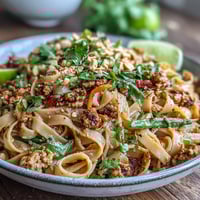Creamy Thai-Inspired Peanut Noodle Bowls served hot with chopped peanuts and cilantro garnish.