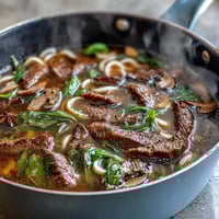 Asian Hot Pot Noodle Feast with tender beef, fresh vegetables, and aromatic broth served family-style at the table.