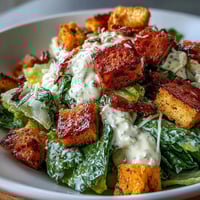 Celery Caesar Salad with Crunchy Croutons and Parmesan, a crisp vegetarian dish with romaine, creamy dressing, and golden homemade croutons.