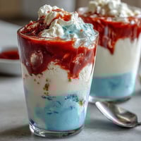 Red, white, and blue layered Jello cups with vibrant stripes, topped with whipped cream and fresh berries for a festive dessert.