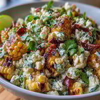 Mexican Street Corn Salad with charred sweet corn, creamy dressing, Cotija cheese, and fresh herbs in a vibrant bowl.