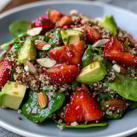 Vibrant strawberry avocado quinoa salad with fresh spinach, basil, and citrus dressing in a white bowl.