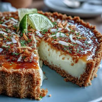 A creamy coconut lime tart with a golden graham cracker crust, garnished with whipped cream and toasted coconut.