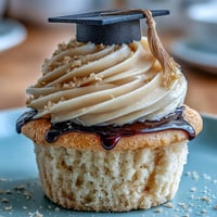 Festive vanilla cupcakes topped with creamy buttercream and handmade black and gold fondant graduation caps.  