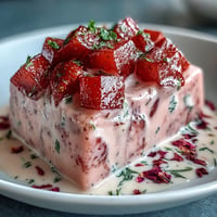 A vibrant mosaic cake with strawberry and rose gelatin cubes in a creamy vanilla base, perfect for summer celebrations.  