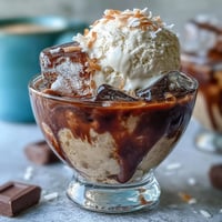 Coconut Cold Brew Float with Vanilla Bean Ice Cream in tall glasses topped with toasted coconut flakes and fresh mint.